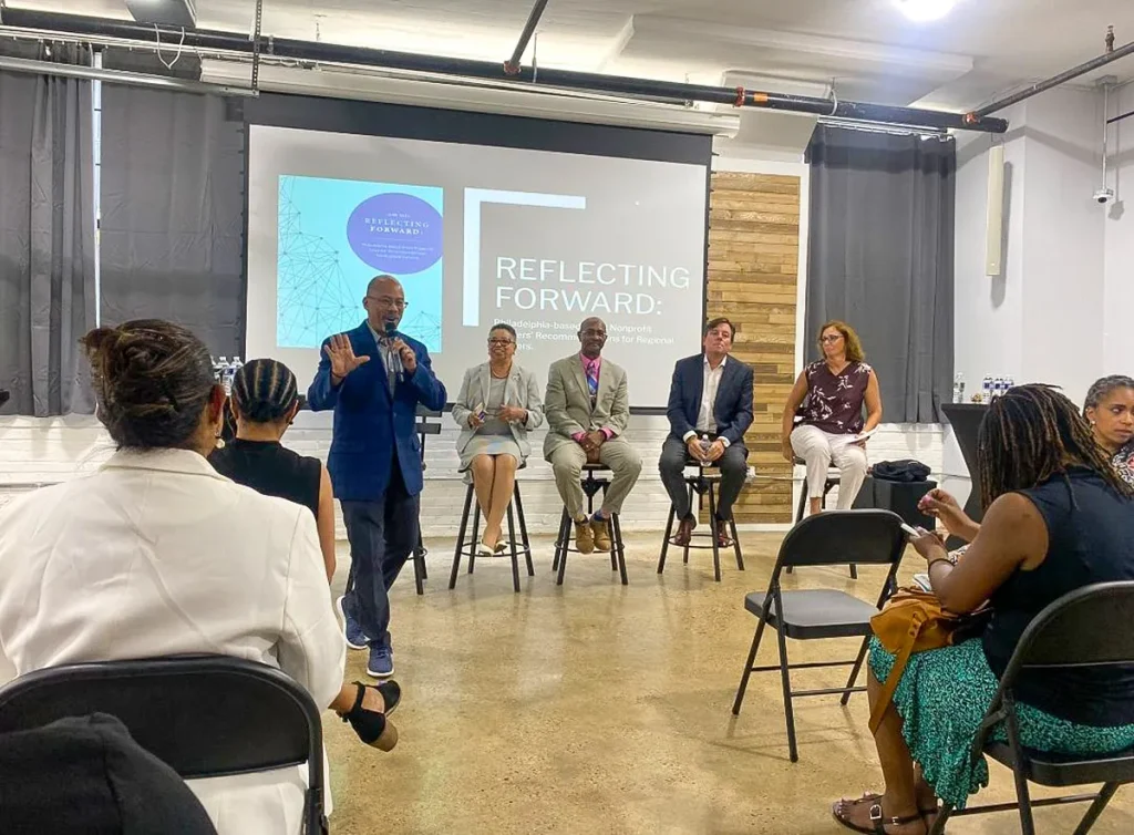 Stakeholders talk about the findings in 'Reflecting Forward' at the P4 Hub in Wayne Junction