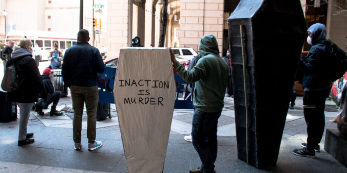 PCBF action in May 2020, with the #no215Jails coalition, protesting at the CJC after the first person jailed in Philly prisons died from COVID-19.